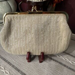 Vintage Lord and Taylor beaded clutch with gold strap and hardware